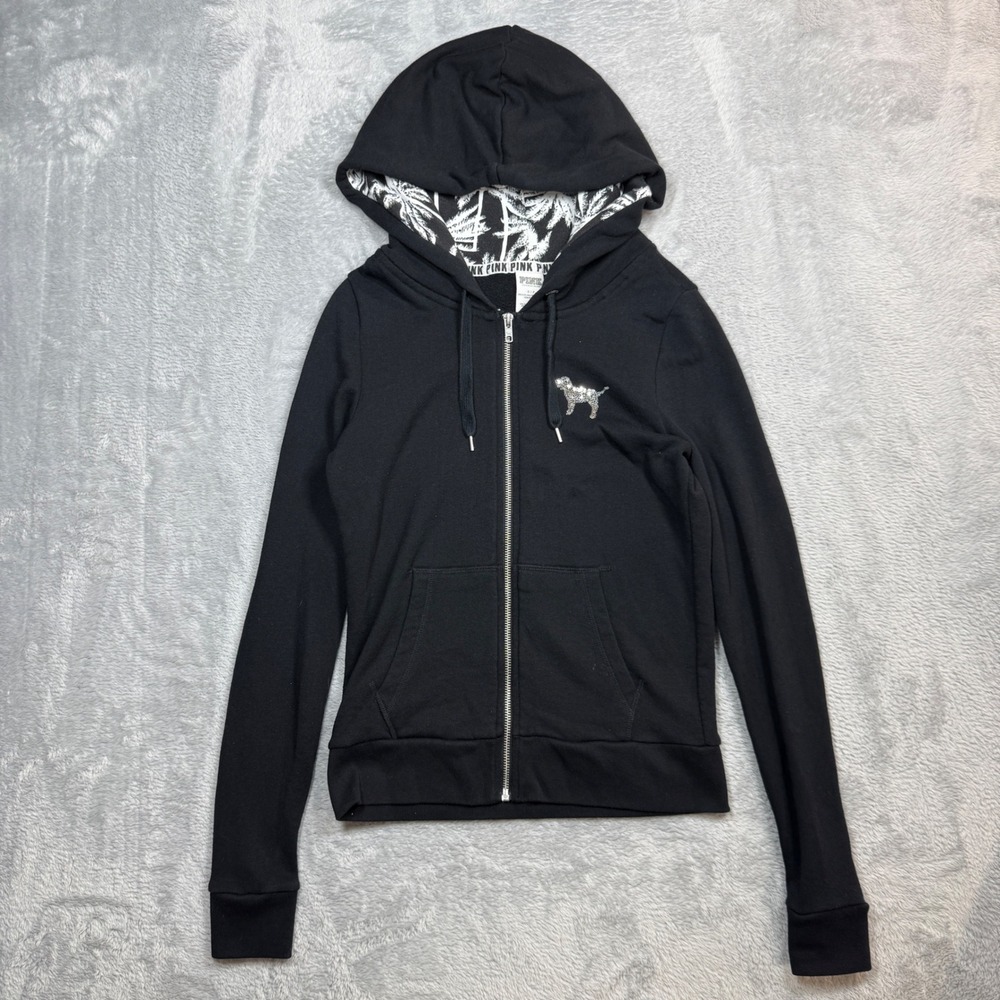 PINK Victoria's Secret Hoodie Womens S Black Sequin Palm Print Full Zip Y2K